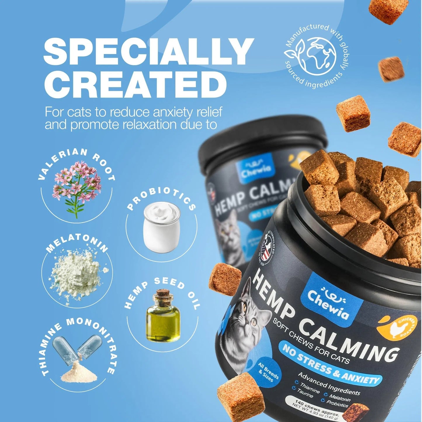 Hemp Calming Chews for Cats – Anxiety & Stress Relief with Melatonin & Probiotics