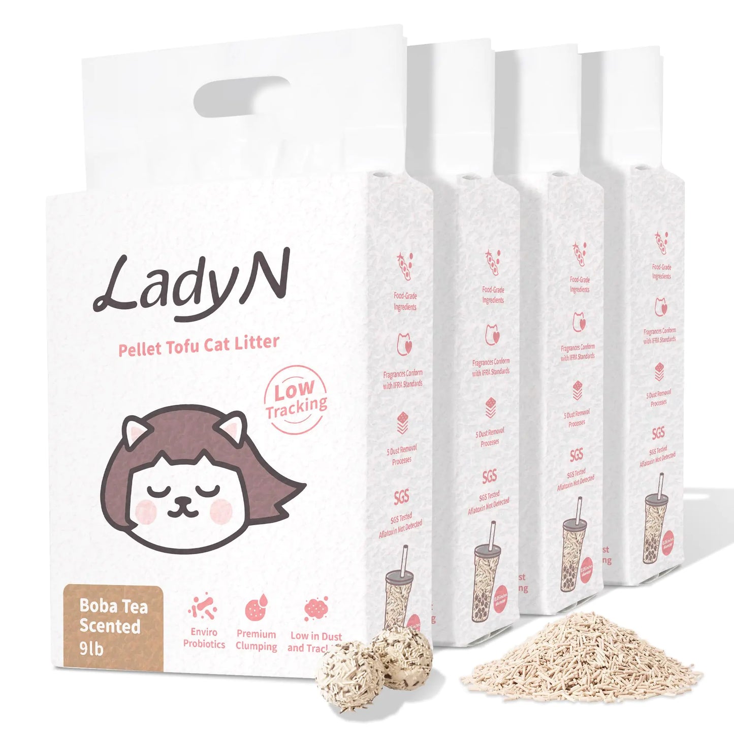 Lady N Pellet Tofu Cat Litter Strong Clumping Ultra Absorbent Natural Litter Dust-Free Low Tracking Cat Litter Enviro-probiotic for Odor Control 36lb (Boba Tea)