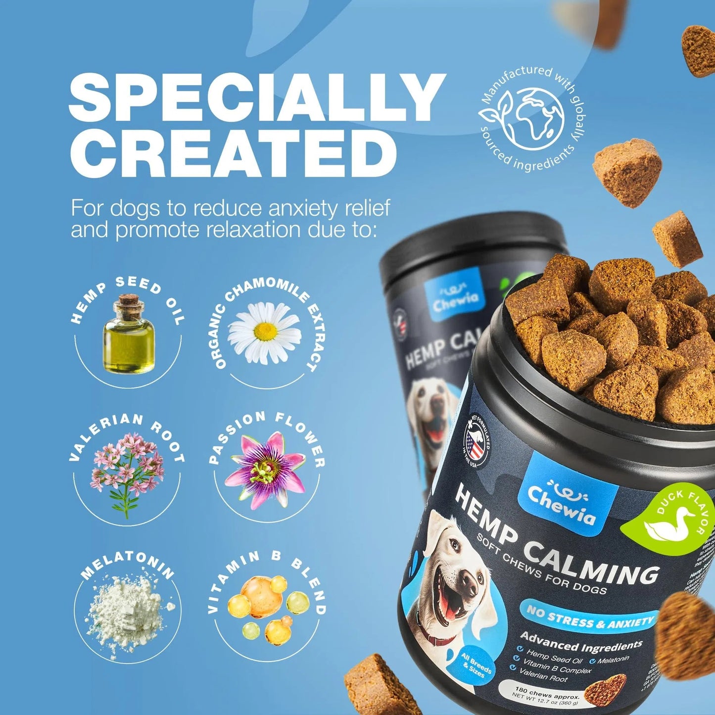 Hemp Calming Chews For Dogs Anxiety Dog Calming Treats With Melatonin Valerian Root Chamomile Extract & Vitamin B Complex Canine Chews For Vet Visits Grooming Travel Thunderstorms Fireworks