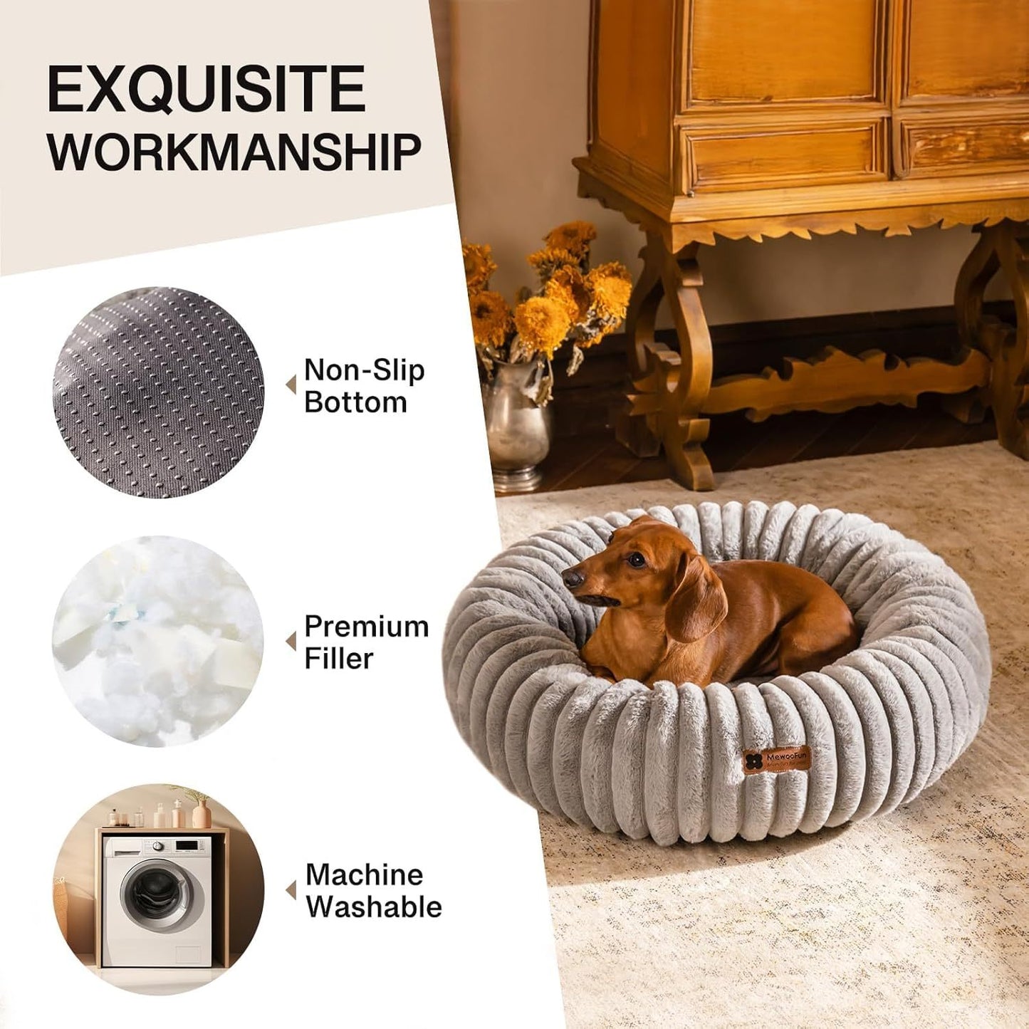 Calming Donut Bed for Cats & Dogs – Fluffy Plush Anti-Anxiety Pet Bed (Washable, Non-Slip)
