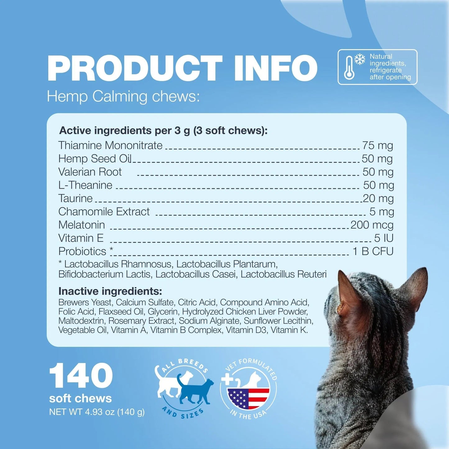Hemp Calming Chews for Cats – Anxiety & Stress Relief with Melatonin & Probiotics